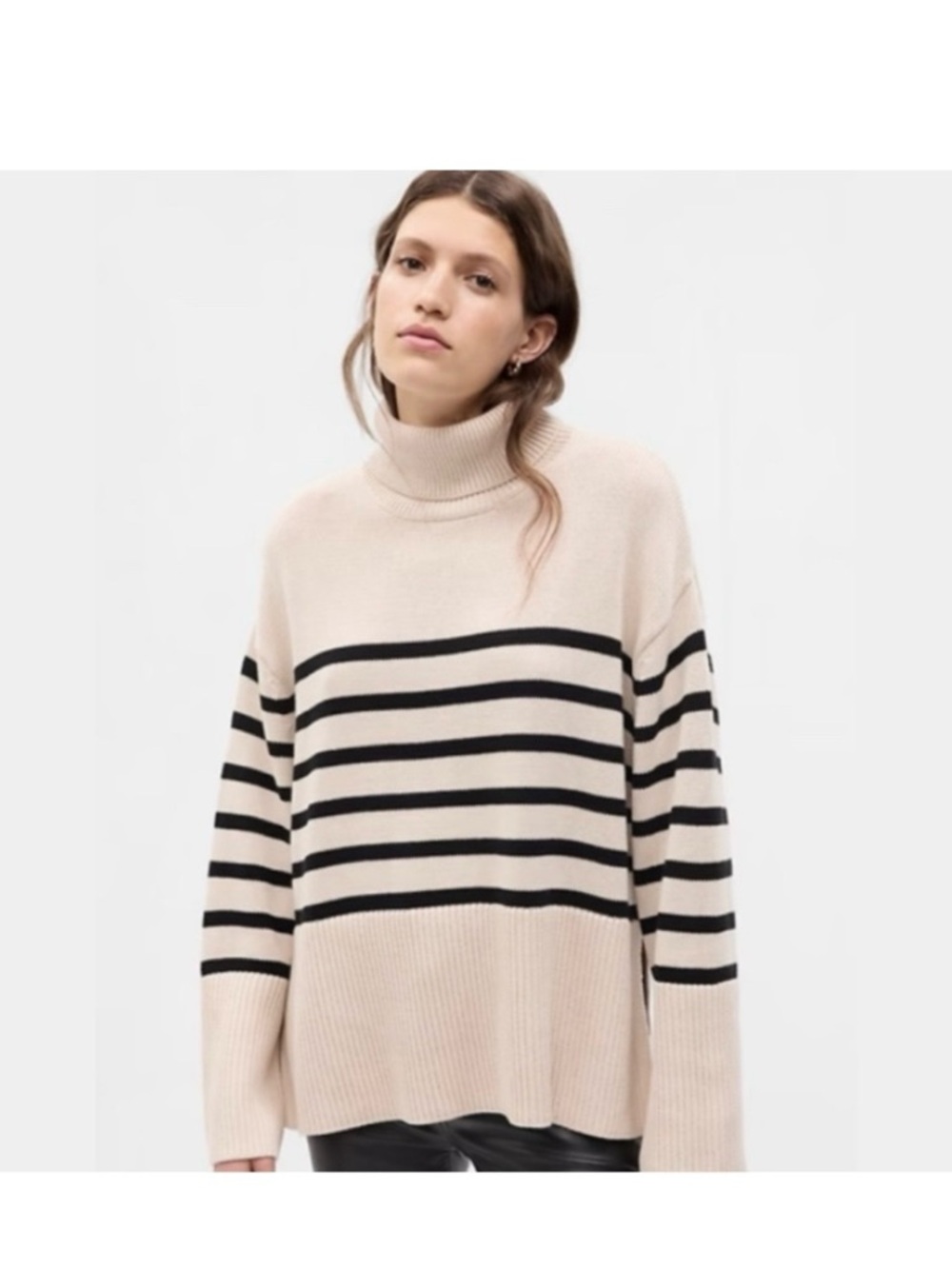 GAP 100% Cotton Cream and Black Striped Turtleneck Sweater